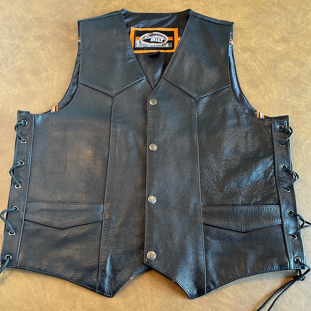 Custom Bilt Button Down Black Leather V-Neck Motorcycle Biker Vest